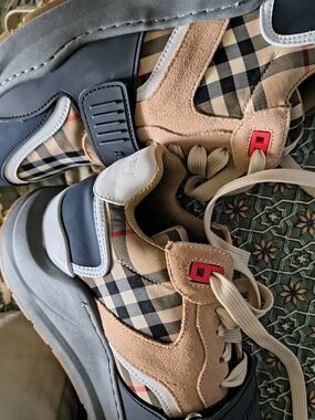 Women's Plaid Casual Sneakers in Beige and Navy - Designer Style